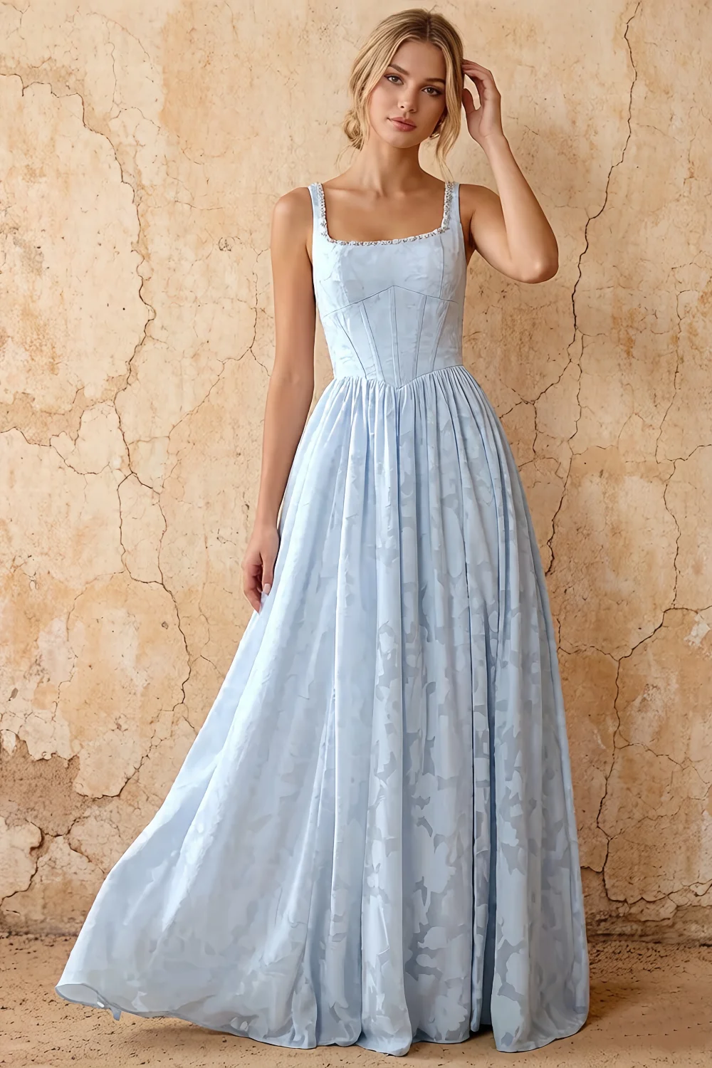 Kimberly Sky Blue Jacquard Pearl Square Neck Maxi Dress Main image