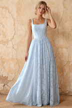 Kimberly Sky Blue Jacquard Pearl Square Neck Maxi Dress