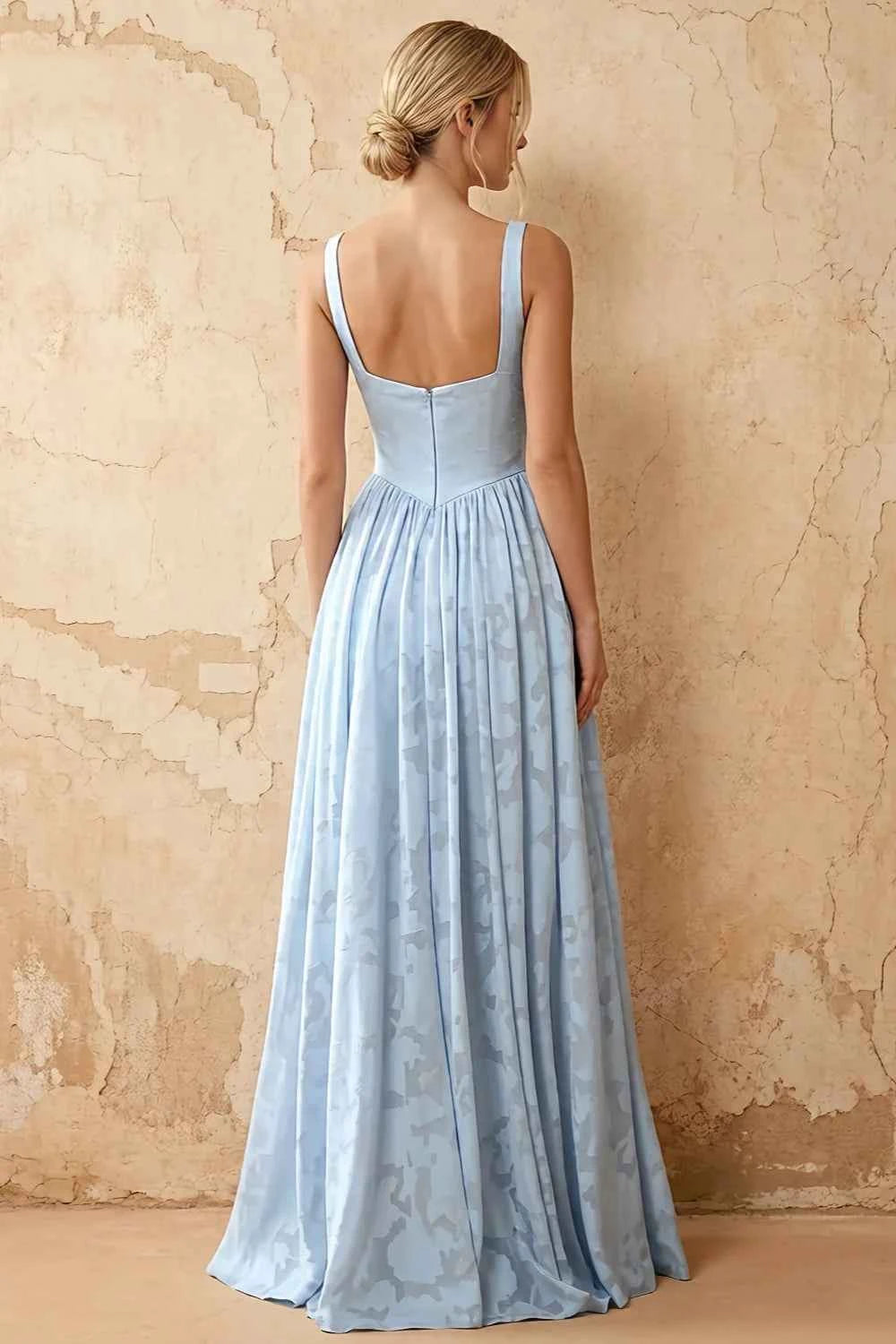 Kimberly Sky Blue Jacquard Pearl Square Neck Maxi Dress