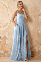 Kimberly Sky Blue Jacquard Pearl Square Neck Maxi Dress