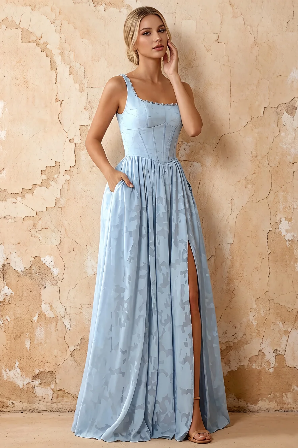 Kimberly Sky Blue Jacquard Pearl Square Neck Maxi Dress