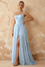 Kimberly Sky Blue Jacquard Pearl Square Neck Maxi Dress