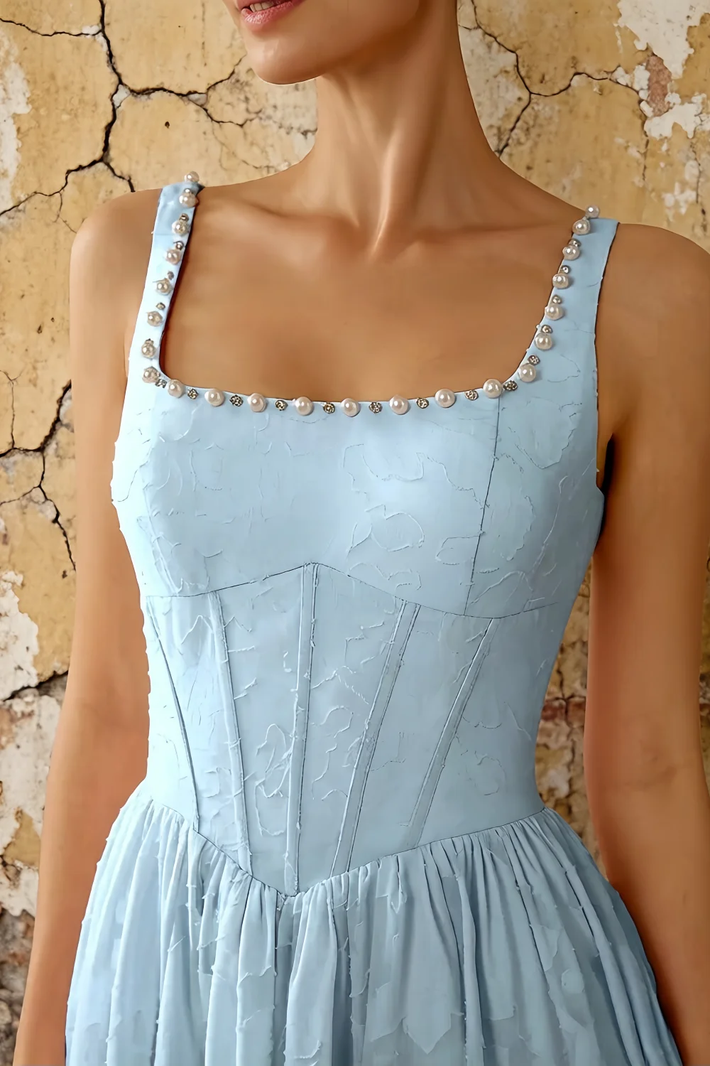 Kimberly Sky Blue Jacquard Pearl Square Neck Maxi Dress