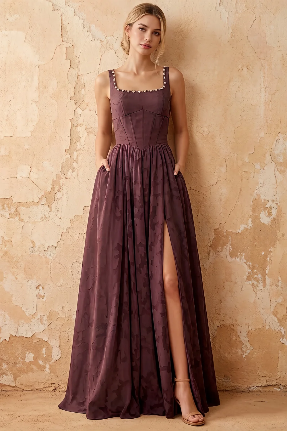 Kimberly Truffle Jacquard Pearl Square Neck Maxi Dress