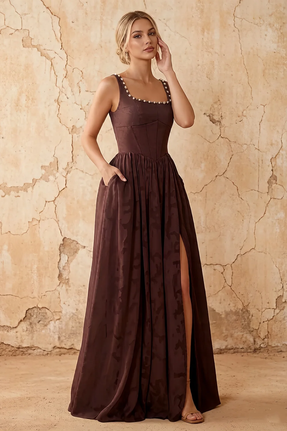 Kimberly Truffle Jacquard Pearl Square Neck Maxi Dress