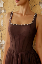 Kimberly Truffle Jacquard Pearl Square Neck Maxi Dress