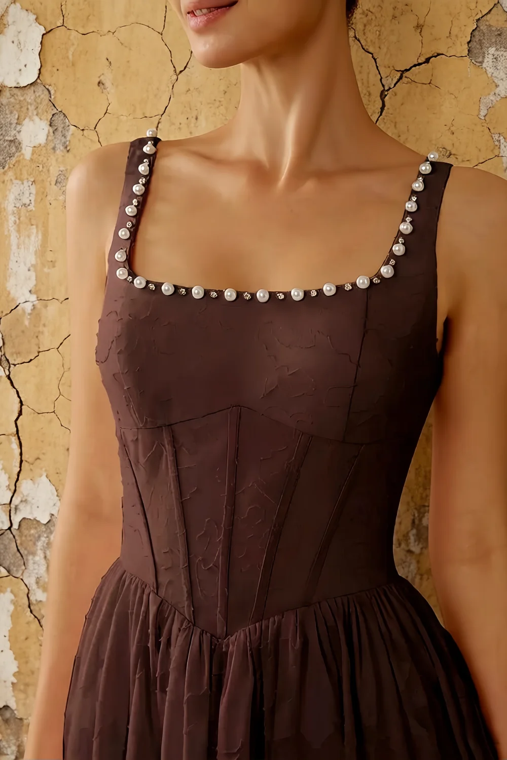 Kimberly Truffle Jacquard Pearl Square Neck Maxi Dress