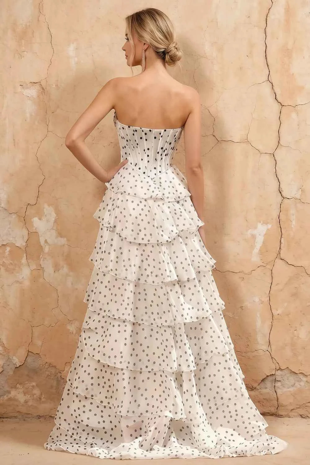 Kimberley White Polka Dot Corset Bustier Tiered Maxi Dress
