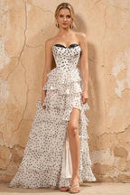 Kimberley White Polka Dot Corset Bustier Tiered Maxi Dress