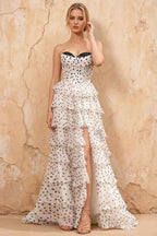 Kimberley White Polka Dot Corset Bustier Tiered Maxi Dress