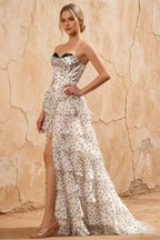Kimberley White Polka Dot Corset Bustier Tiered Maxi Dress