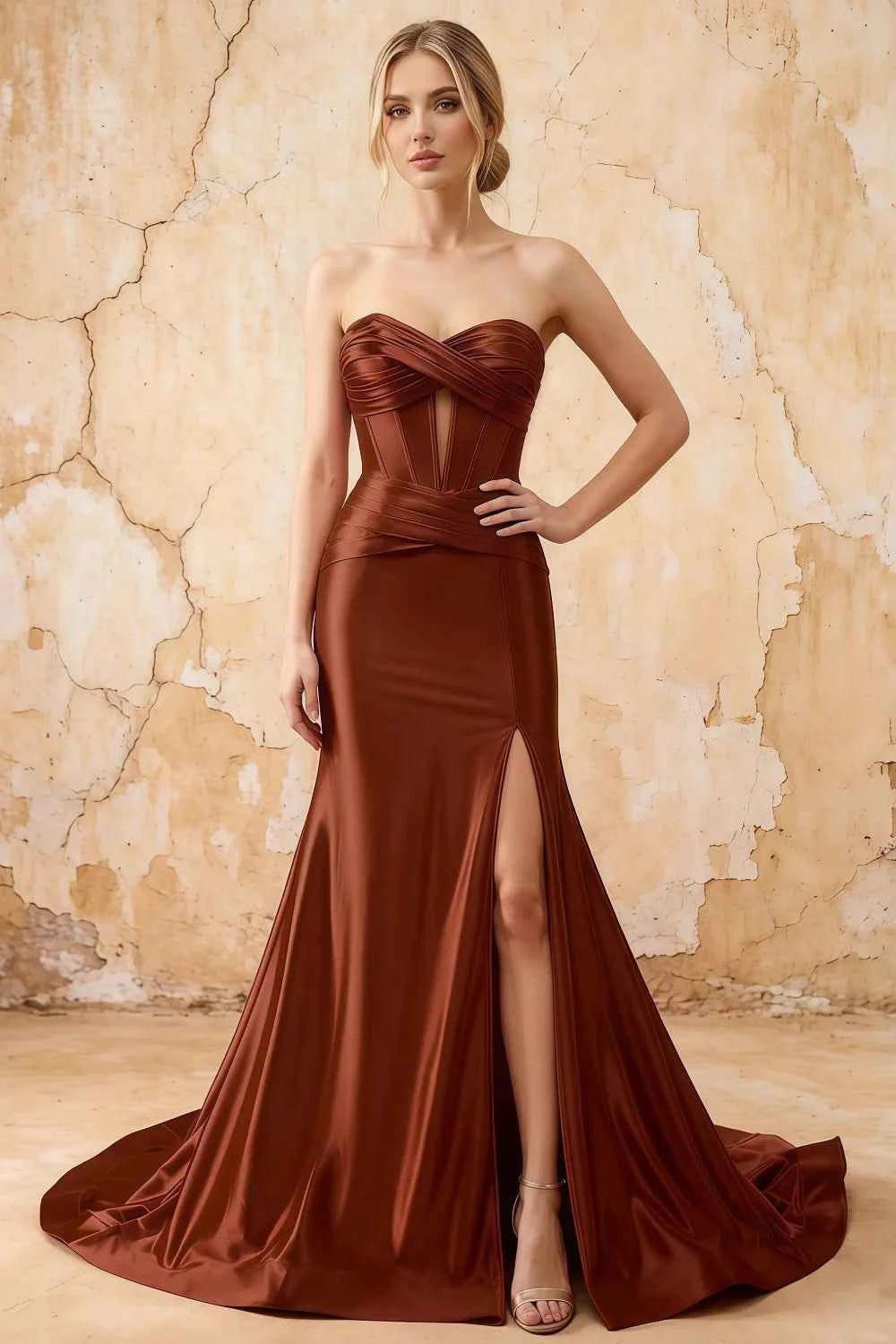 Kristen Brown Satin Twist-front Cutout Maxi Dress