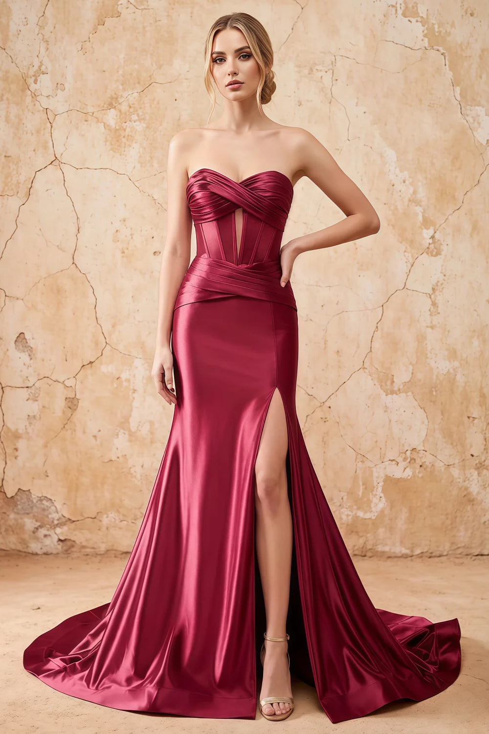 Kristen Burgundy Satin Twist-front Cutout Maxi Dress