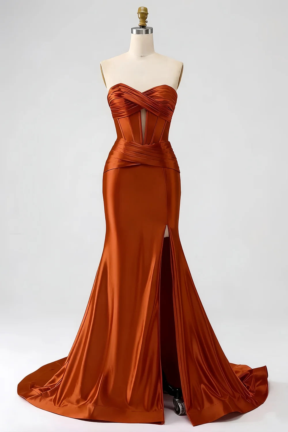 Kristen Burnt Orange Satin Twist-front Cutout Maxi Dress