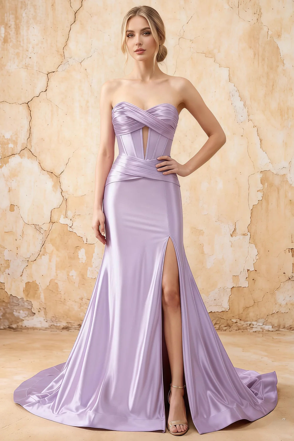 Kristen Lavender Satin Twist-front Cutout Maxi Dress