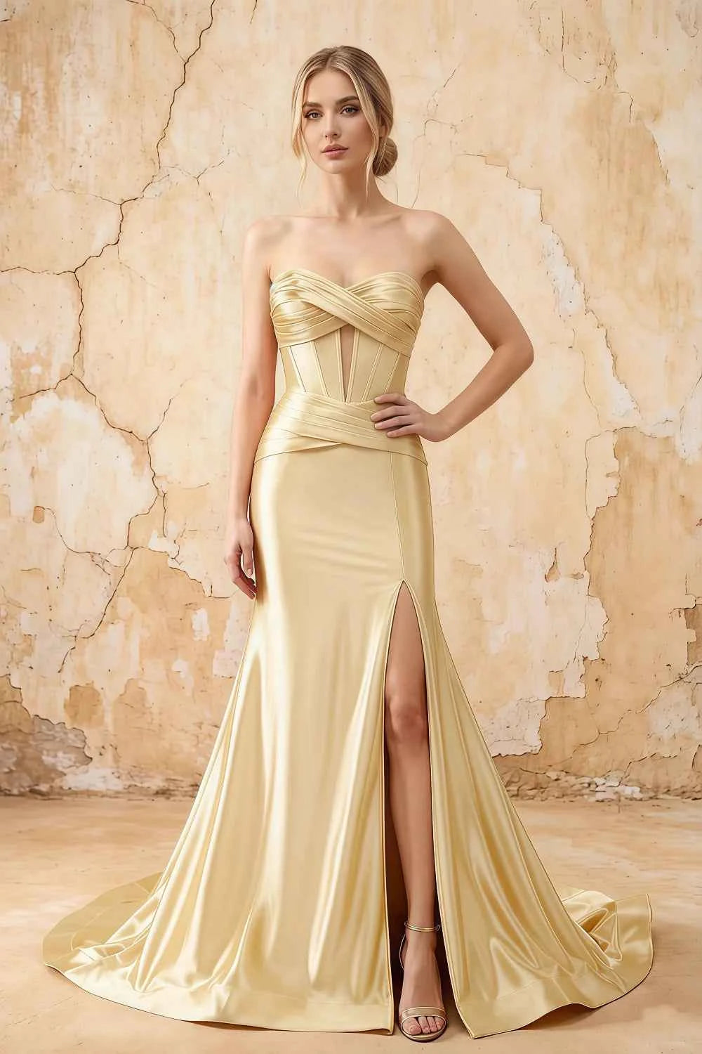 Kristen Light Yellow Satin Twist-front Cutout Maxi Dress Main image