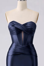 Kristen Navy Blue Satin Twist-front Cutout Maxi Dress