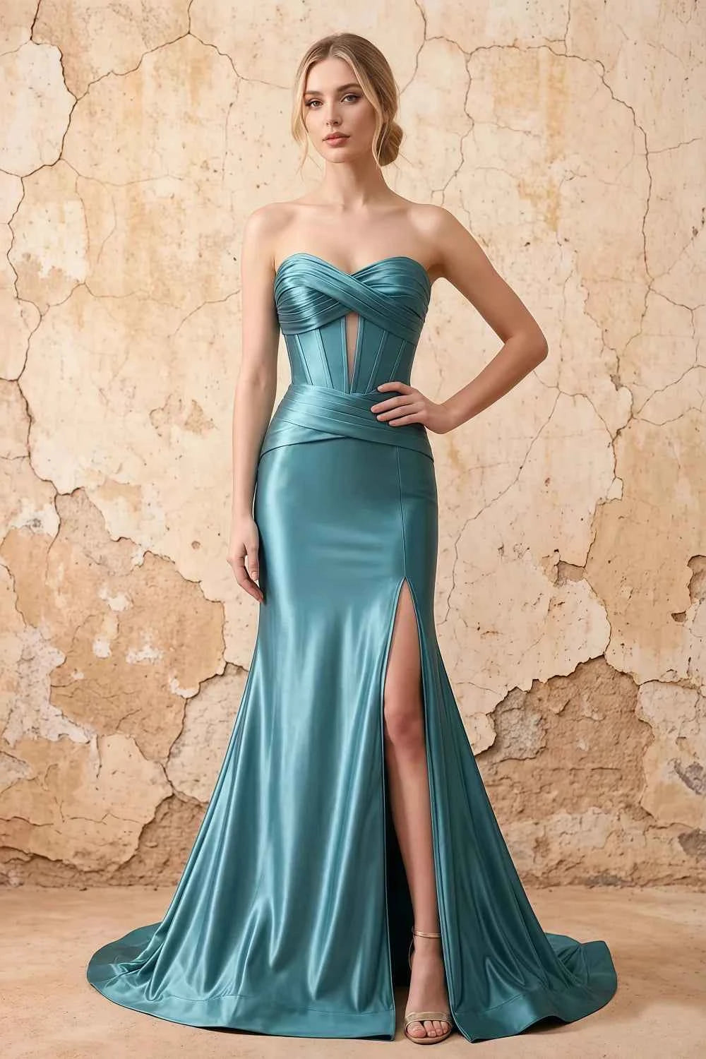 Kristen Peacock Satin Twist-front Cutout Maxi Dress