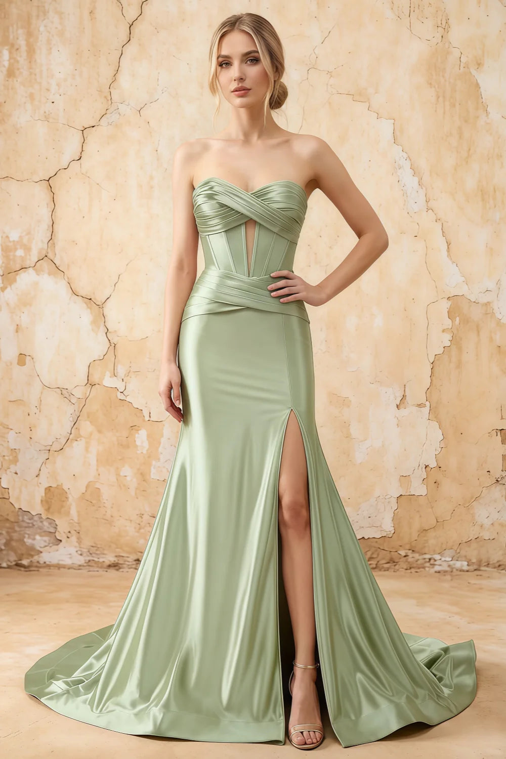 Kristen Sage Green Satin Twist-front Cutout Maxi Dress
