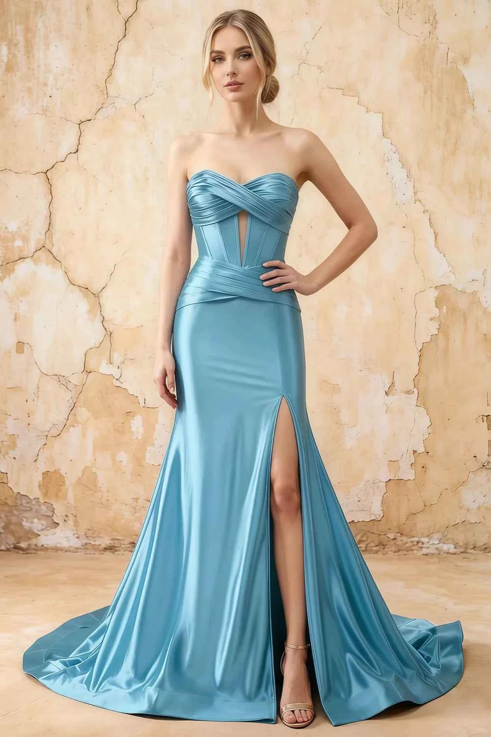 Kristen Sky Blue Satin Twist-front Cutout Maxi Dress Main image