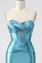 Kristen Sky Blue Satin Twist-front Cutout Maxi Dress