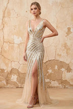 Kristina Gold Sequin V-neck Mermaid Maxi Dress