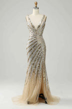 Kristina Gold Sequin V-neck Mermaid Maxi Dress