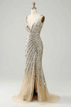 Kristina Gold Sequin V-neck Mermaid Maxi Dress
