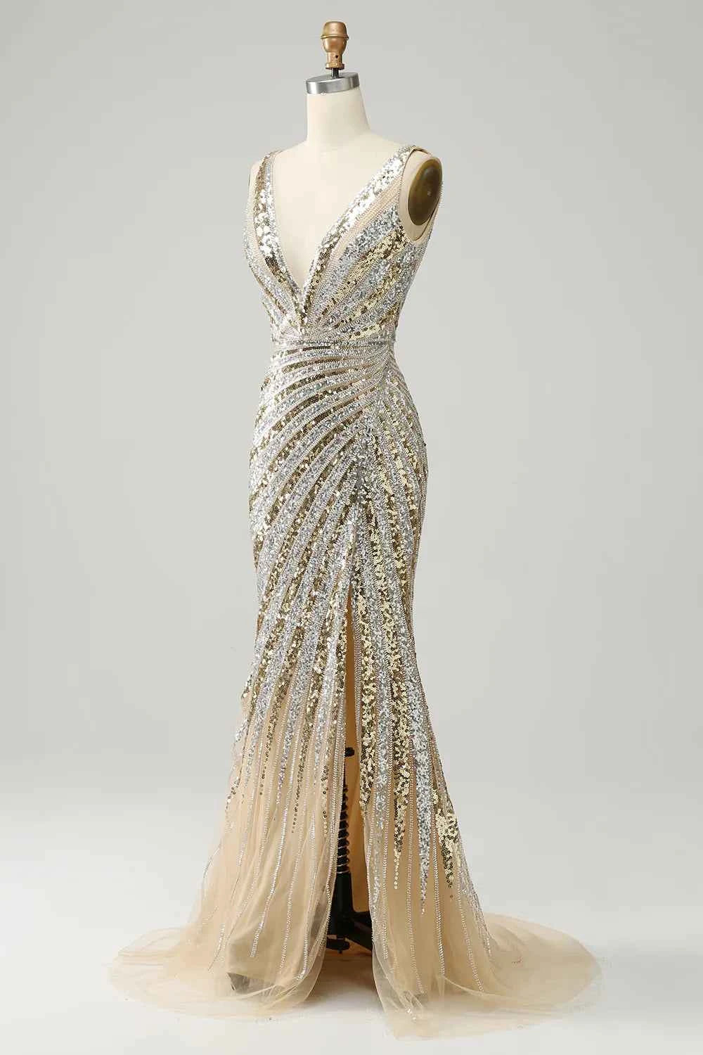 Kristina Gold Sequin V-neck Mermaid Maxi Dress