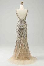 Kristina Gold Sequin V-neck Mermaid Maxi Dress