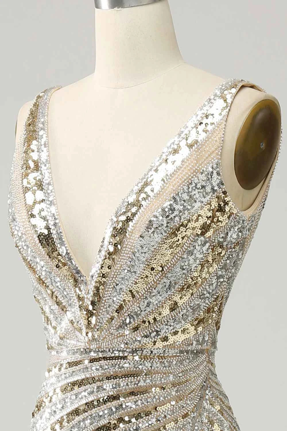Kristina Gold Sequin V-neck Mermaid Maxi Dress