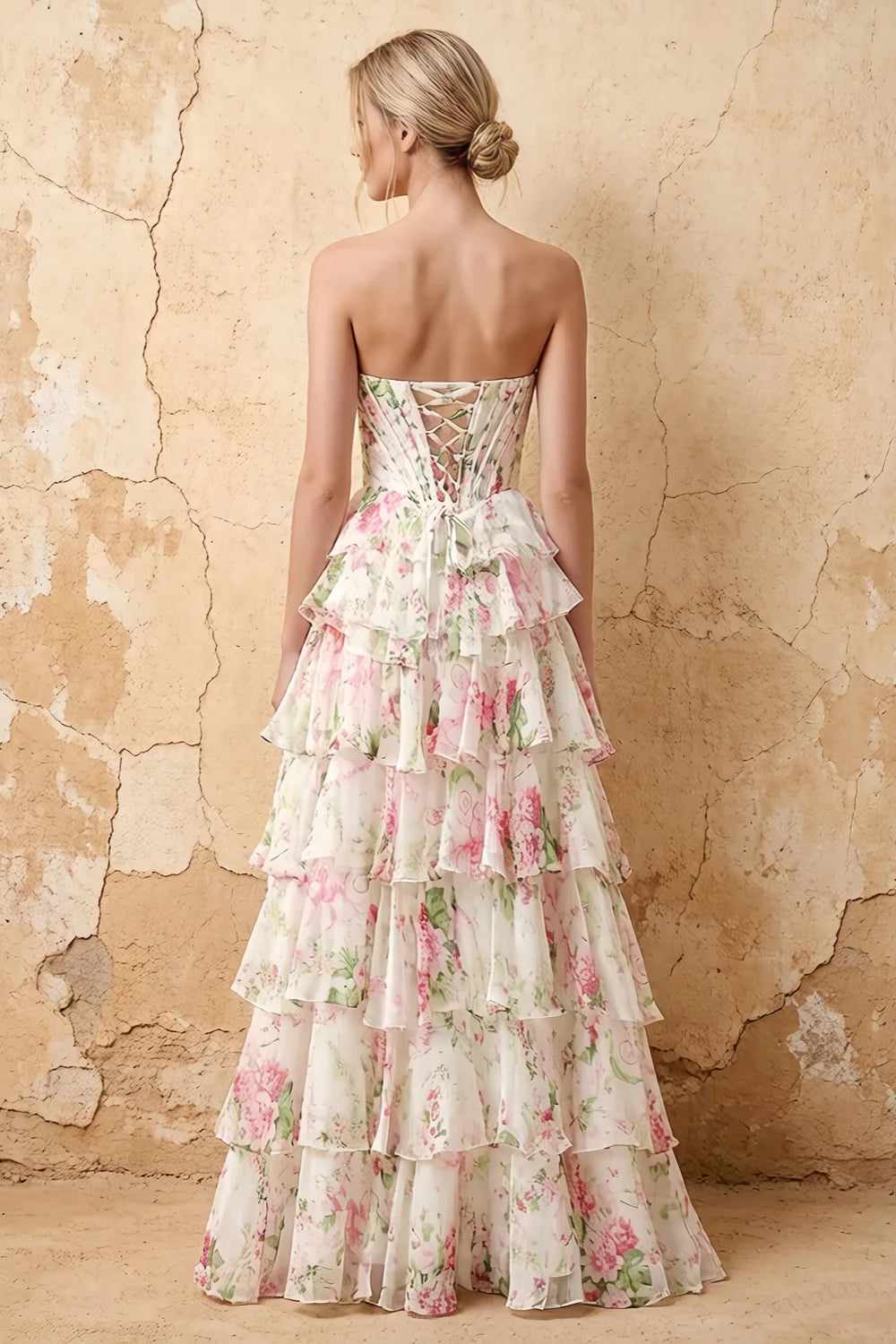 Laura Pink Floral Strapless Bustier Tiered Maxi Dress Secondary image