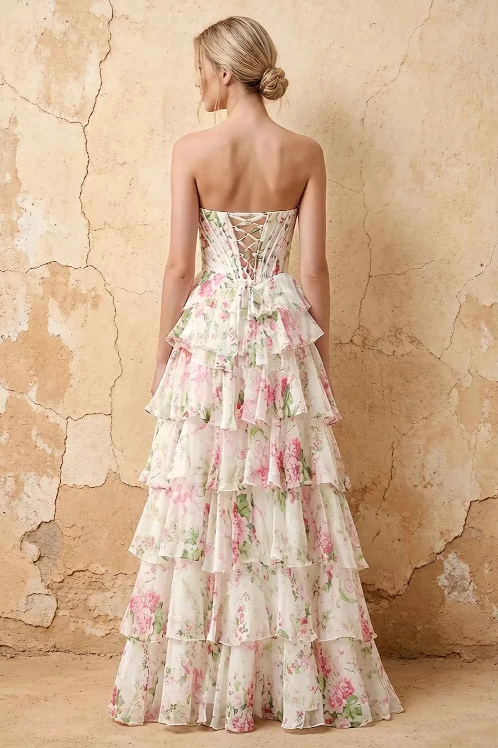 Laura Pink Floral Strapless Bustier Tiered Maxi Dress