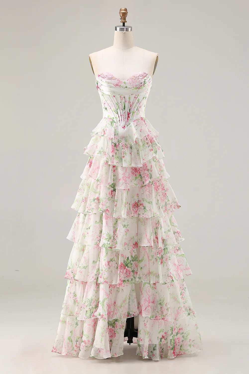 Laura Pink Floral Strapless Bustier Tiered Maxi Dress