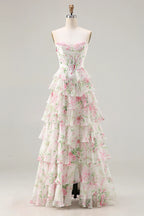 Laura Pink Floral Strapless Bustier Tiered Maxi Dress