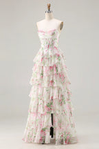 Laura Pink Floral Strapless Bustier Tiered Maxi Dress