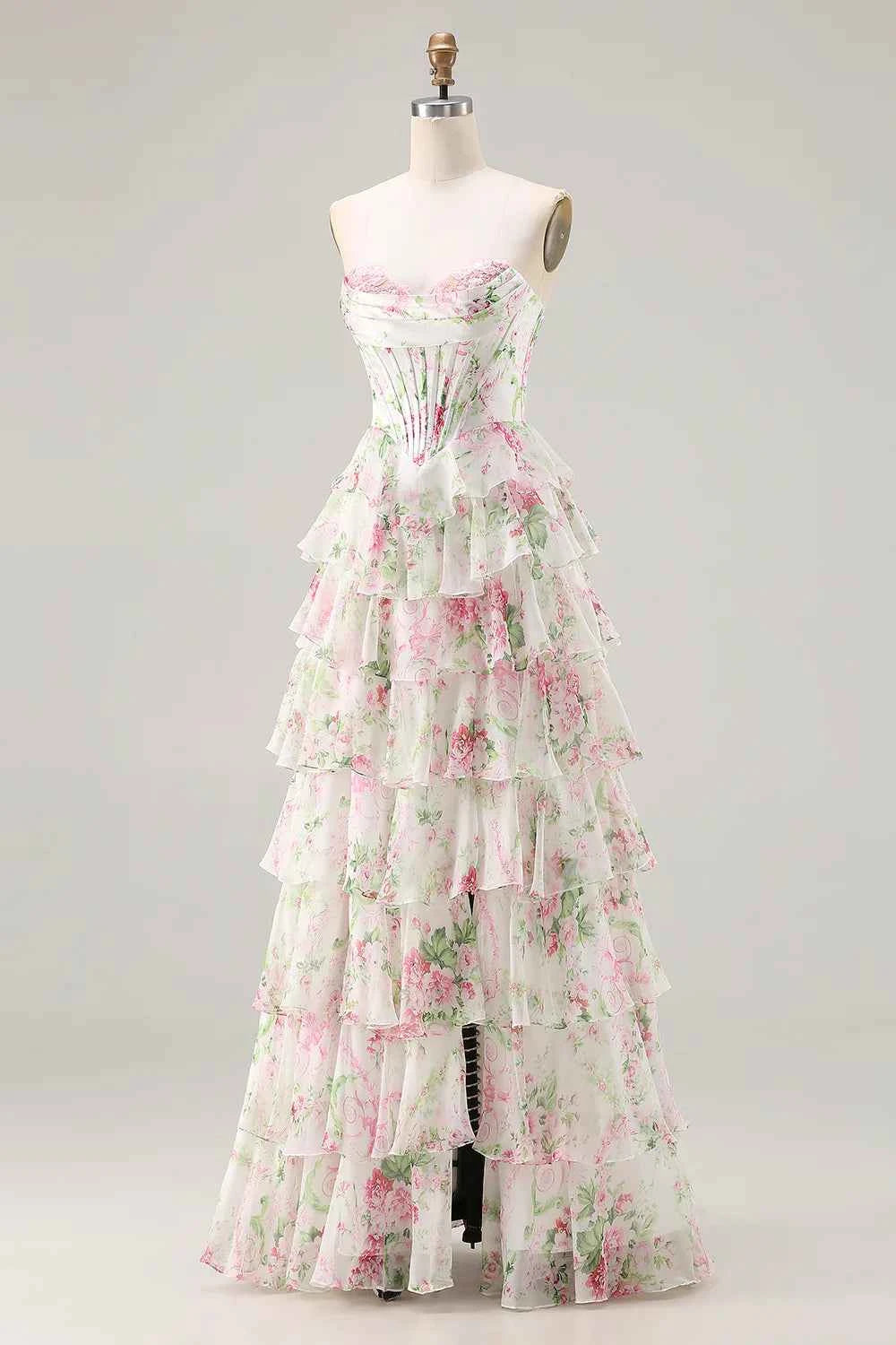 Laura Pink Floral Strapless Bustier Tiered Maxi Dress