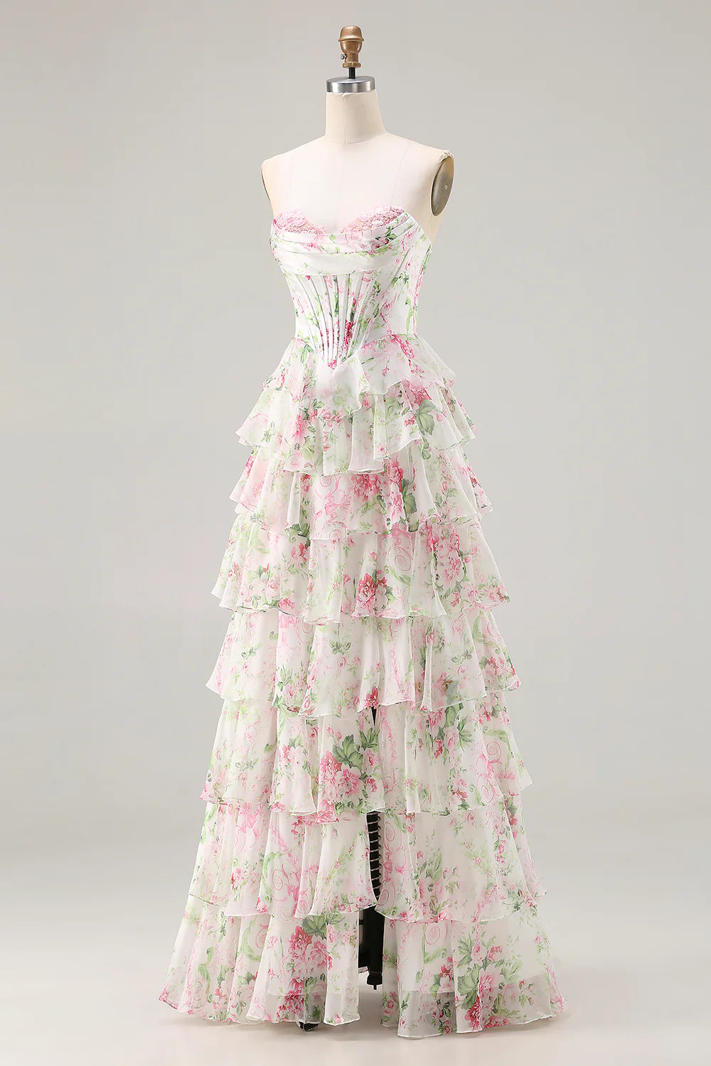 Laura Pink Floral Strapless Bustier Tiered Maxi Dress