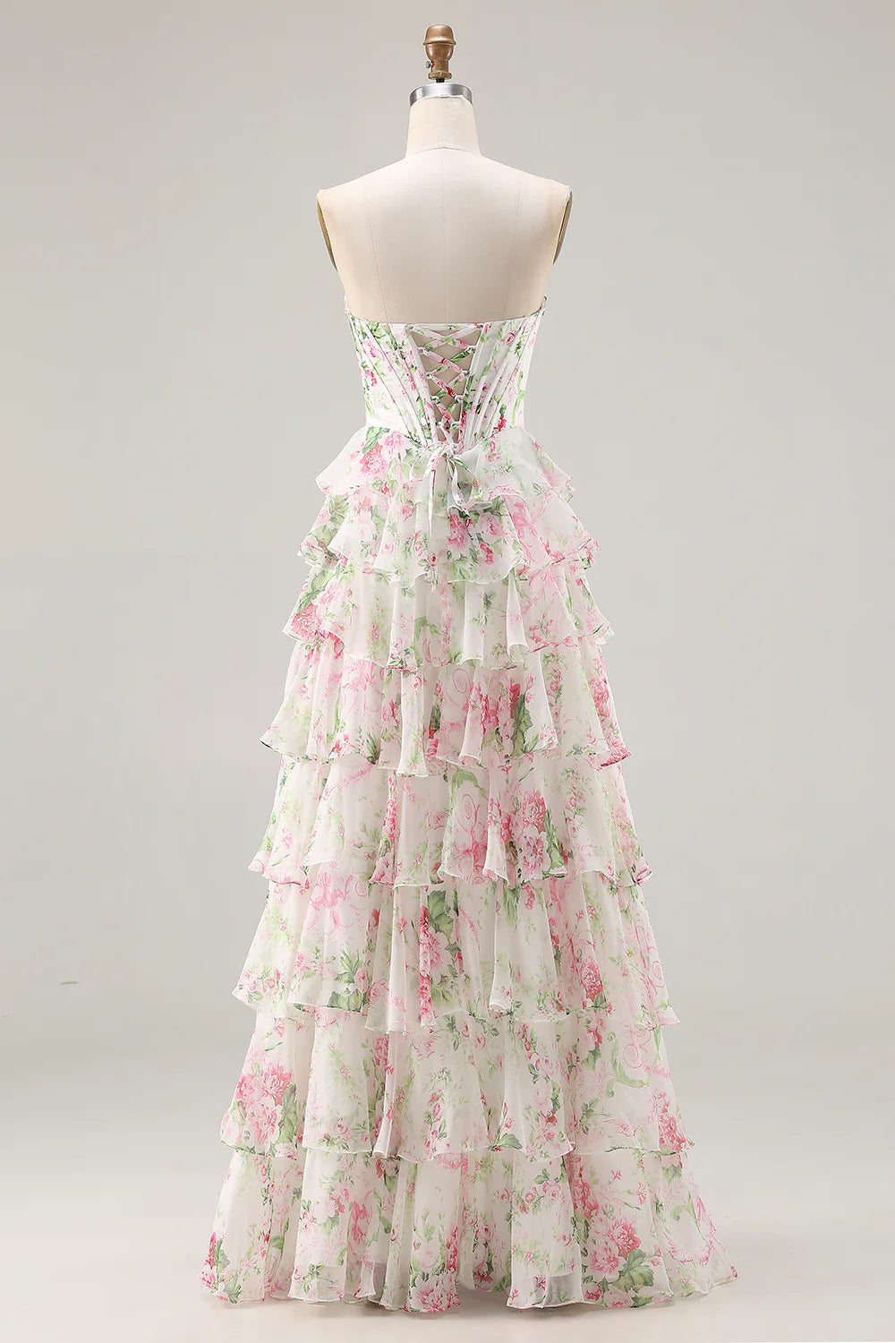 Laura Pink Floral Strapless Bustier Tiered Maxi Dress