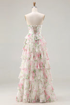 Laura Pink Floral Strapless Bustier Tiered Maxi Dress