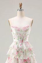 Laura Pink Floral Strapless Bustier Tiered Maxi Dress