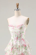 Laura Pink Floral Strapless Bustier Tiered Maxi Dress