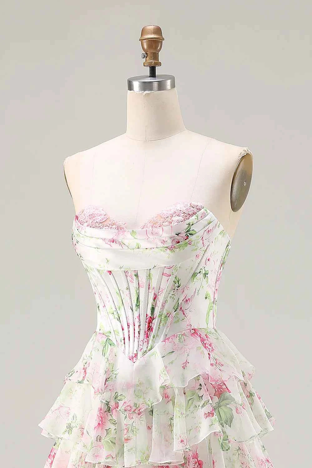 Laura Pink Floral Strapless Bustier Tiered Maxi Dress