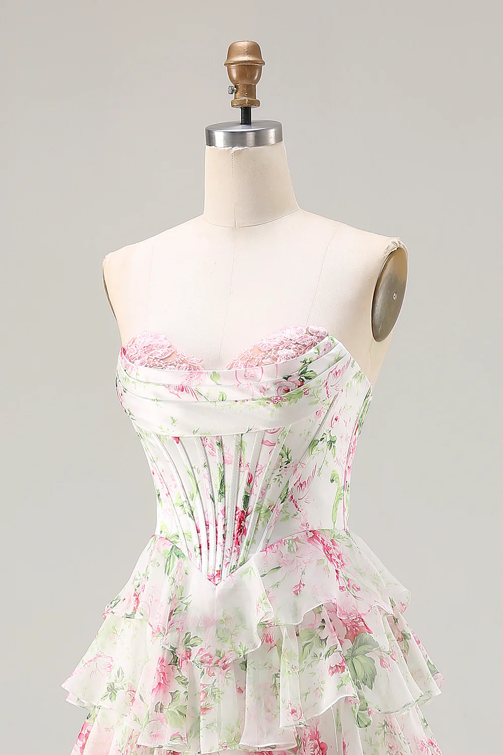 Laura Pink Floral Strapless Bustier Tiered Maxi Dress