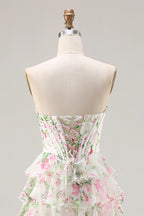 Laura Pink Floral Strapless Bustier Tiered Maxi Dress