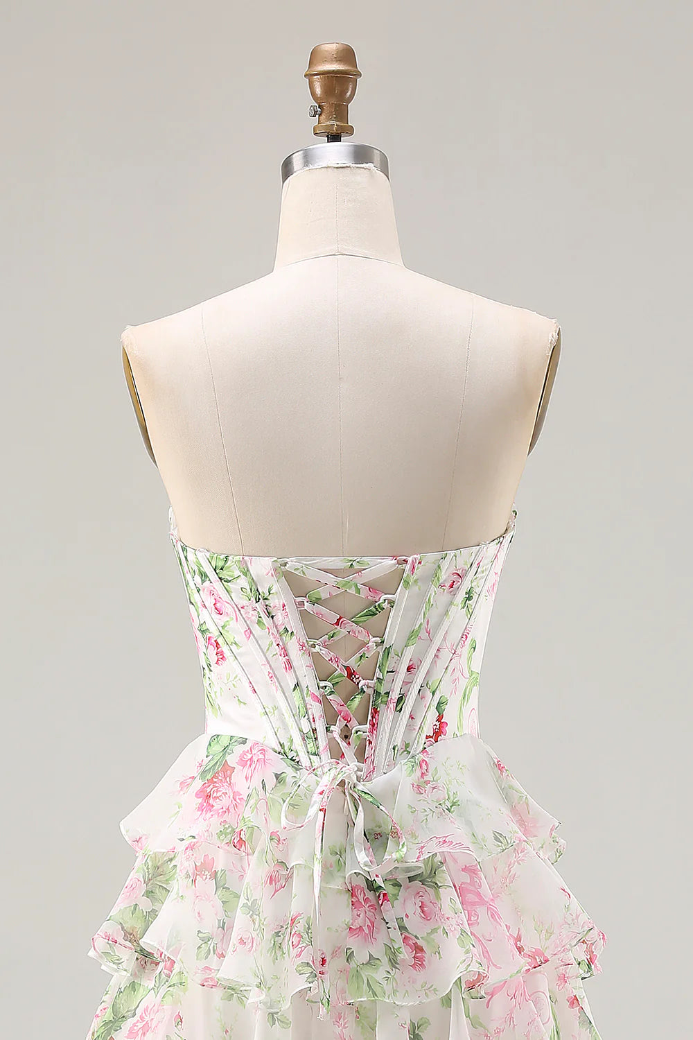 Laura Pink Floral Strapless Bustier Tiered Maxi Dress
