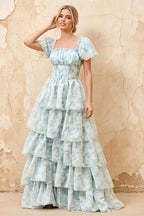 Lauren Light Blue Floral Square Neck Ruffled Maxi Dress