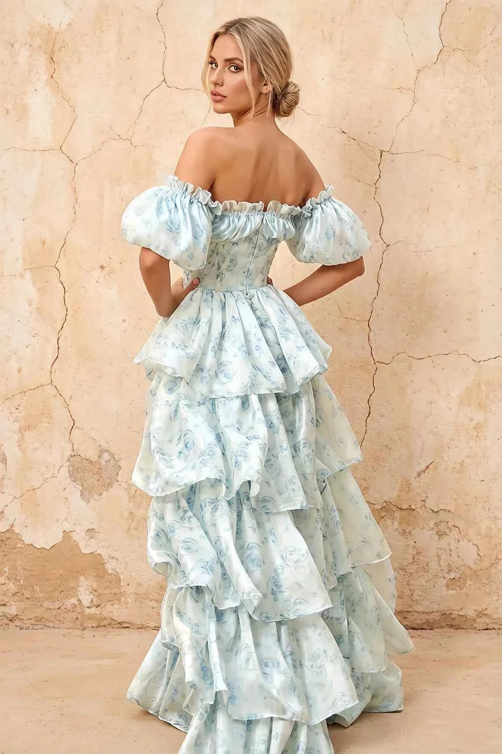 Lauren Light Blue Floral Square Neck Ruffled Maxi Dress Secondary image