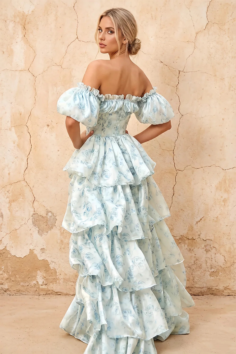 Lauren Light Blue Floral Square Neck Ruffled Maxi Dress