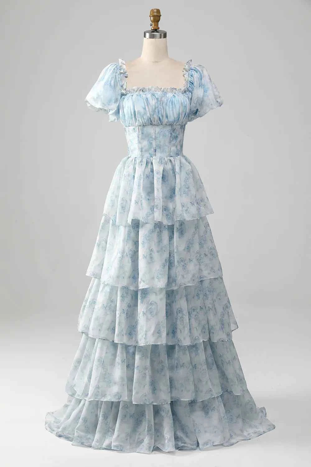 Lauren Light Blue Floral Square Neck Ruffled Maxi Dress